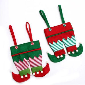 Christmas elf pants gift bags with striped legs and hanging loops for holiday parties