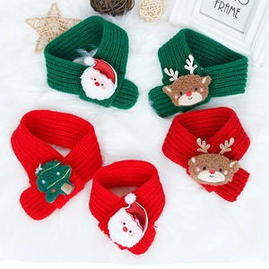 Detailed knit of 5-pack Christmas pet scarves with Santa and reindeer embroidery