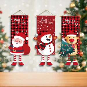 Three-piece set of hanging Christmas banners with Santa, snowman, and reindeer patterns