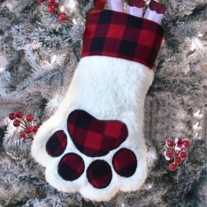 Christmas Sherpa Paw Print Stocking Buffalo Plaid Hanging Ornament For Fireplace Holiday Party Home Decor Gift Bag