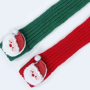 Knitted Christmas pet scarves featuring 3D Santa Claus patches in festive red and green