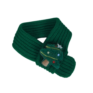 Green Christmas knitted pet scarf with 3D plush Christmas tree and snowflake details