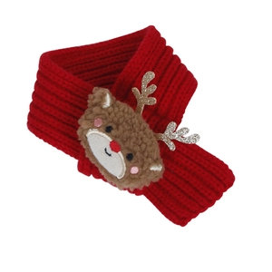 Christmas pet knit scarf in red with reindeer plush decor for dogs and cats