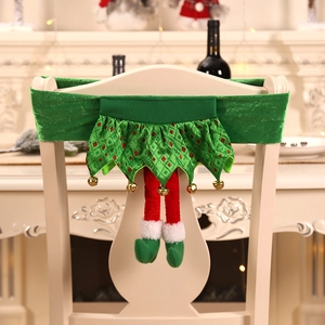 Christmas elf chair back cover in green velvet with bells and striped elf legs decor