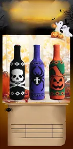 Detailed Halloween wine bottle covers featuring knit skull, spider, and pumpkin designs