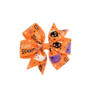 Orange Halloween grosgrain bow hair clip with ghosts and black cat patterns for kids