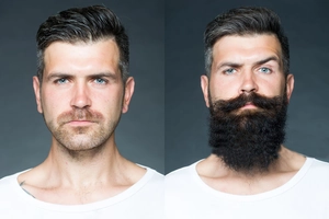 Detail showing facial hair growth comparison from short stubble to a thick dense beard