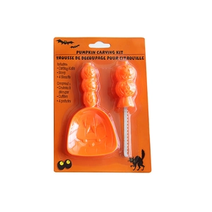 Halloween pumpkin carving kit with orange handle tools, scoop and four creative stencils