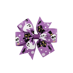 Barrette nœud d'Halloween violette avec motifs fantômes et chats pour enfants