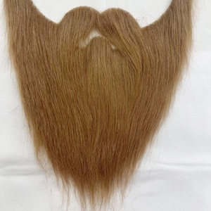 Detailed view of brown synthetic facial hair set featuring a mustache and long thick beard
