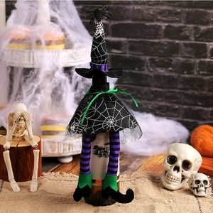 Halloween witch hat and striped legs wine bottle cover decor for festive table settings