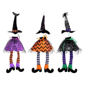 Halloween witch hat and striped long legs wine bottle covers in purple and orange