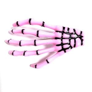 Pink skeleton hand bone hair clip with black hand-painted textures for Halloween party