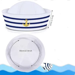 Classic white sailor hat with blue stripes, gold anchor emblem, and size chart overview