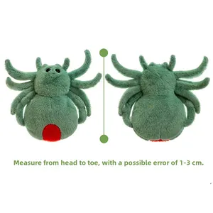 Dettaglio delle dimensioni del ragno di peluche verde con macchia rossa e otto zampe
