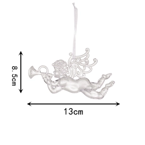 Detailed macro view of acrylic angel ornament with trombone showing 13cm x 8.5cm size