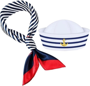 Macro view of a white sailor hat with gold anchor and blue striped satin neck scarf