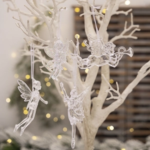 Set of 4 clear acrylic Christmas angel and ballet girl ornaments hanging on white branches