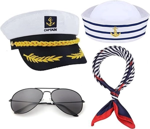 Captain costume set with sailor hat, aviator sunglasses, and striped neck scarf