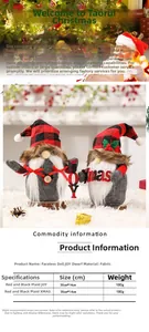 Detail of Christmas gnomes with red plaid hats, white beards and JOY Xmas signs