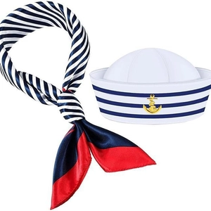 White captain sailor hat with gold anchor badge and blue striped silk scarf set