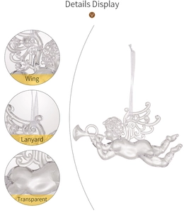 Detail display of transparent acrylic angel ornament showing wing texture and lanyard