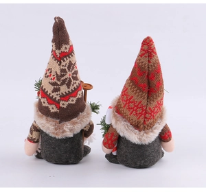 Detail of knitted snowflake patterns and plush fur on the back of Christmas gnomes