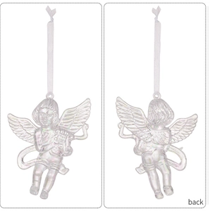 Detail view of iridescent acrylic Christmas angel ornaments with white satin ribbon hangers