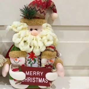 Plush Santa Claus holding snowmen and Merry Christmas sign holiday home decor
