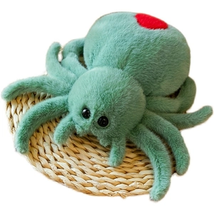 Peluche di ragno verde con coda rossa, pelliccia soffice e dettagli realistici