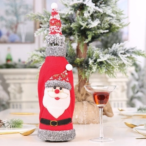 Christmas red wine bottle cover with Santa Claus design and grey plush trim hat set