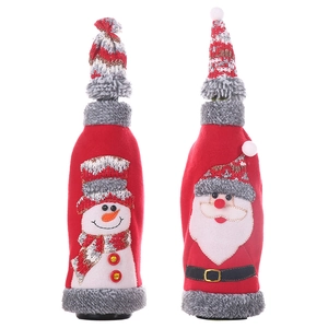 Christmas wine bottle covers with Santa and snowman designs in red knit and grey faux fur