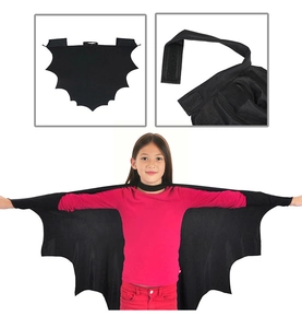 Detail of kids black bat wing cape showing velcro closure and jagged wing edges