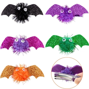 Halloween Bat Hair Clips With Glitter Wings And Pom Pom Cute Ghost Festival Hairpins For Kids Women Party Costume Headwear