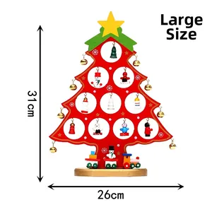 Large red wooden Christmas tree desk ornament with mini pendants and train, 31cm high