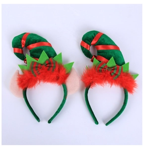 Detail view of plush Christmas elf headbands with green hats and striped bows