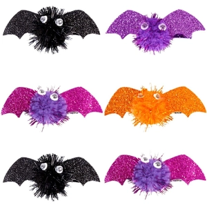 Halloween bat hair clips set with pom-poms and glitter wings for party hair styling