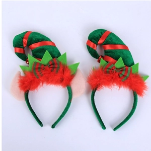 Christmas elf hat headband with green velvet, red ribbon, bells and feathers for party