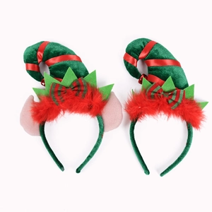 Christmas elf hats headbands with green velvet hats and festive red feather decorations