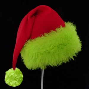 Bonnet de Noël en tissu rouge avec bordure en fausse fourrure vert fluo et pompon doux