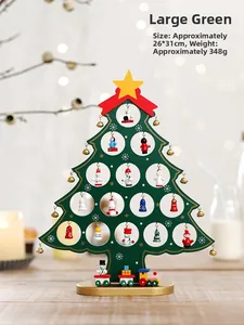 Close-up of wooden Christmas tree decor with miniature hand-painted figures and gold star