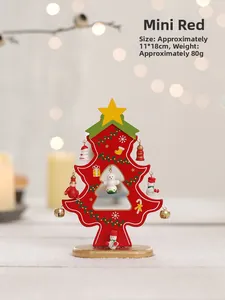 Detail of red wooden Christmas tree desktop ornament featuring cute festive decorations