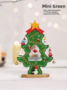 Detailed view of mini green wooden Christmas tree with festive ornaments and size specs
