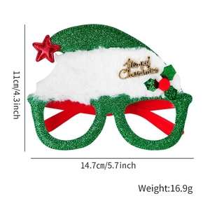 Vue détaillée des lunettes de Noël avec des dimensions de 14,7 cm de large et 11 cm