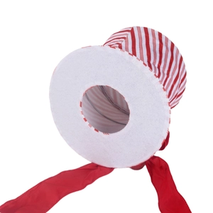 Foldable red and white striped Christmas tree topper with festive ribbons and round base
