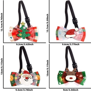 Detailed size chart for Christmas pet bow ties with adjustable straps and festive patterns