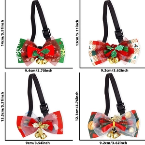 Detailed size specifications for four Christmas pet bow ties with golden double bells