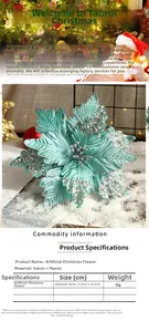 Detail view of 26cm mint green fabric Christmas flower with sparkling silver sequins