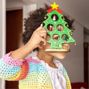 Wooden Christmas Tree Desktop Decoration With Miniature Ornaments Star Topper Miniature Train Base Holiday Home Office Decor