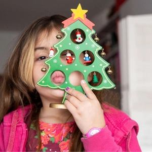 Creative mini wooden Christmas tree tabletop decoration with hand-painted ornaments